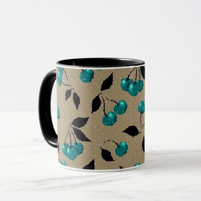 Cartoon cute blue cherry berry black leaves beige mug (Front Left)