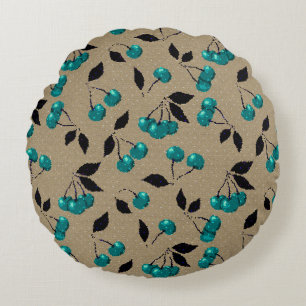 Cartoon cute blue cherry berry black leaves beige round cushion