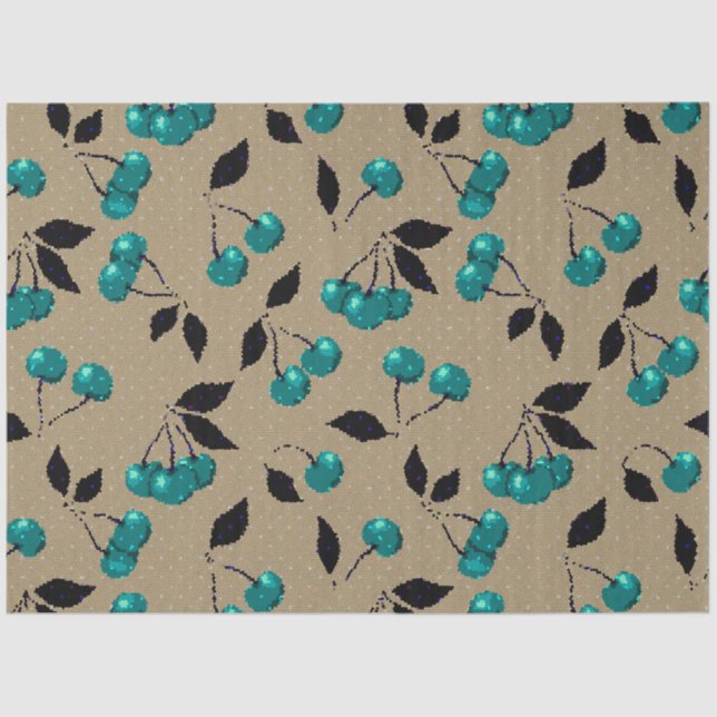 Cartoon cute blue cherry berry black leaves beige tissue paper (Front)