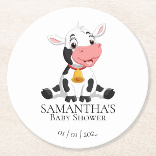 Cartoon Cute Cow Baby Shower Round Paper Coaster