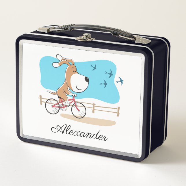 Cartoon Cute Dog Puppy Biking Riding Bicycle Metal Lunch Box (Front)