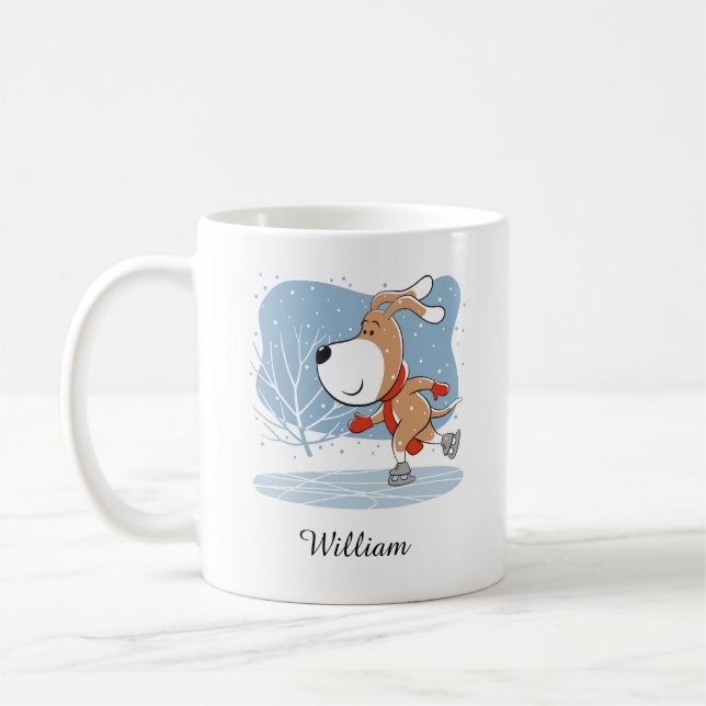 Cartoon Cute Dog Puppy Ice Skating Winter Sport Coffee Mug (Left)
