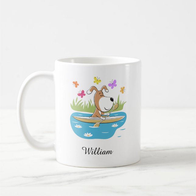 Cartoon Cute Dog Puppy Kayaking Kayak Water Sport Coffee Mug (Left)