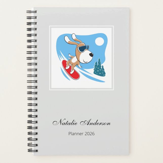 Cartoon Cute Dog Puppy Snowboard Sport 2026 Planner (Front)
