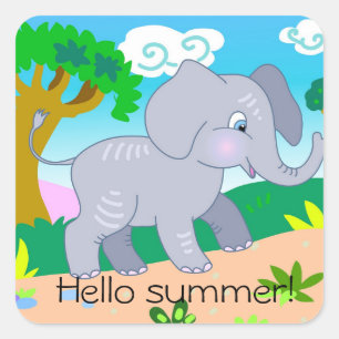 Cartoon cute elephant in summer in nature square sticker
