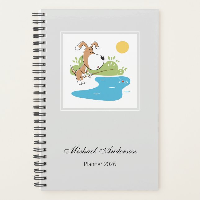 Cartoon Cute Funny Dog Puppy Fishing Humorous 2026 Planner (Front)