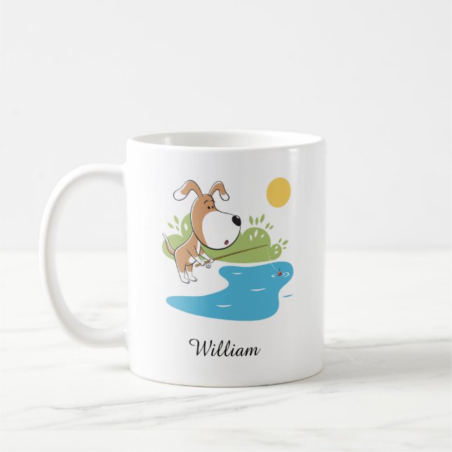 Cartoon Cute Funny Dog Puppy Fishing Sun Lake Coffee Mug (Left)