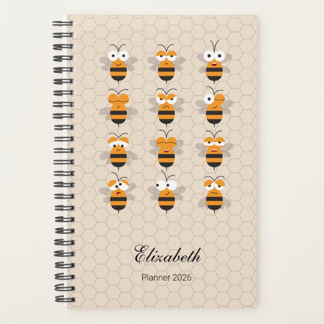 Cartoon Cute Funny Honey Bee Honeycomb 2026 Planner (Front)