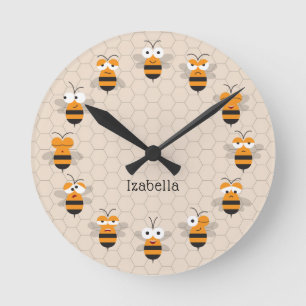 Cartoon Cute Funny Honey Bee Honeycomb Round Clock