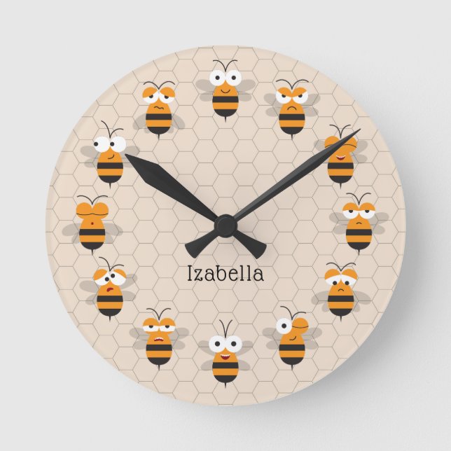 Cartoon Cute Funny Honey Bee Honeycomb Round Clock (Front)