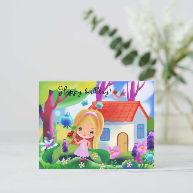 Cartoon cute girl and fairy house postcard (Standing Front)