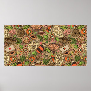 Cartoon cute hand drawn Japan food seamless patter Poster