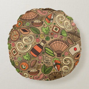 Cartoon cute hand drawn Japan food seamless patter Round Cushion