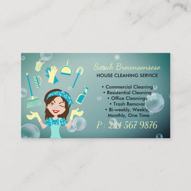 Cartoon Cute Maid House Cleaning Service Business Card (Front)