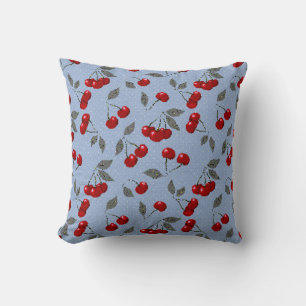 Cartoon cute red cherry berry green leaves blue ba cushion