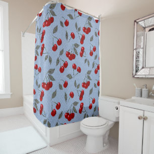 Cartoon cute red cherry berry green leaves blue ba shower curtain