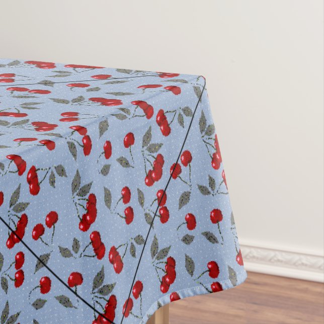 Cartoon cute red cherry berry green leaves blue ba tablecloth (In Situ)