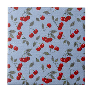Cartoon cute red cherry berry green leaves blue ba tile