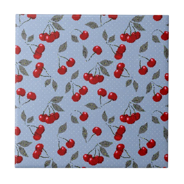 Cartoon cute red cherry berry green leaves blue ba tile (Front)