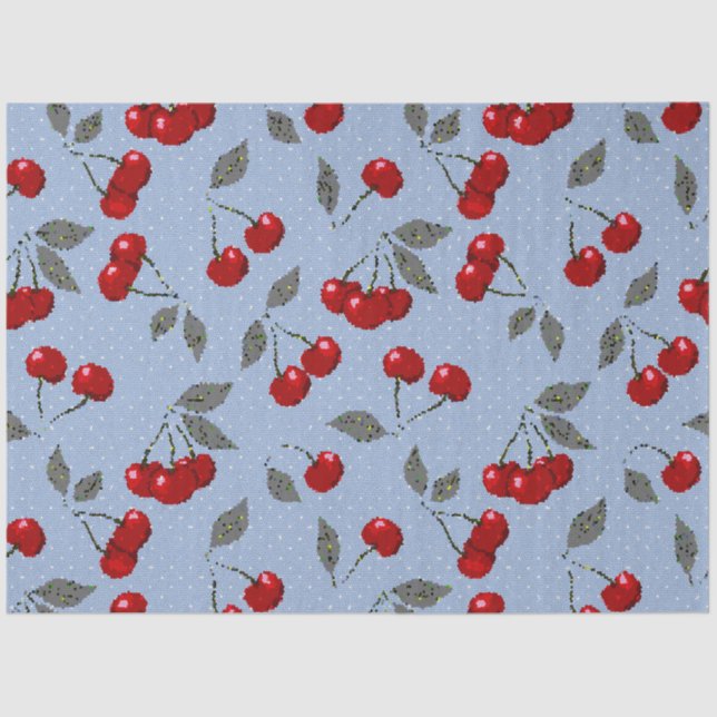 Cartoon cute red cherry berry green leaves blue ba tissue paper (Front)