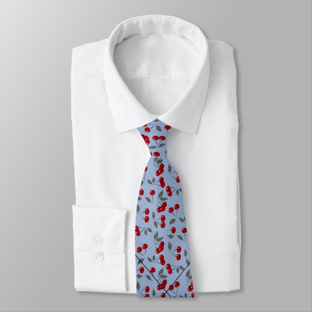 Cartoon cute red cherry berry green leaves blue tie (Tied)