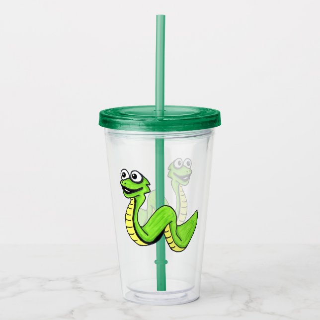 Cartoon Cute Snake Bright Green Yellow White Eyes Acrylic Tumbler (Front)