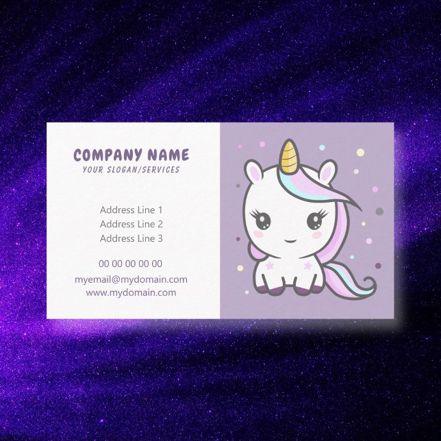 Cartoon Cute Unicorn Purple Business Card (Cute Unicorn Business Card)