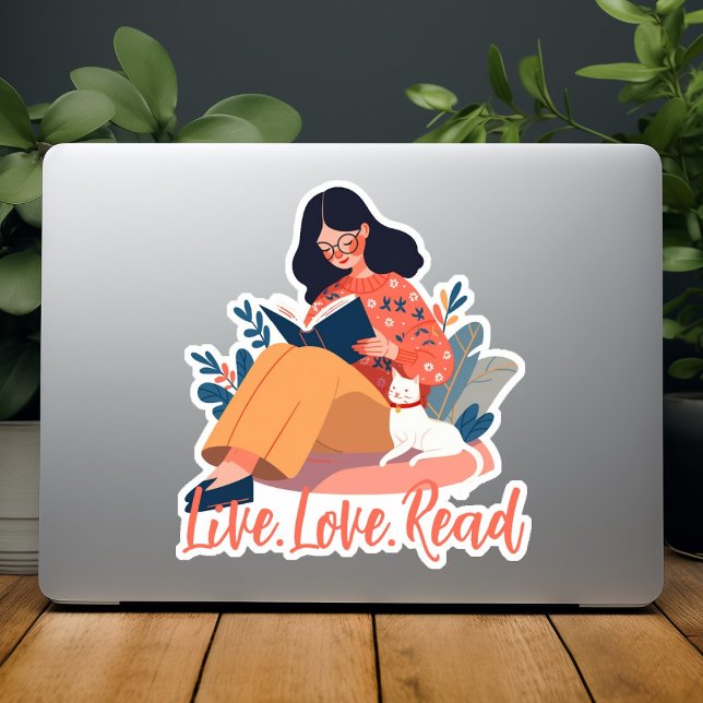 Cartoon Cute Woman Reading Book with Cat Custom (Cartoon Cute Woman Reading Book with Cat Custom Sticker)