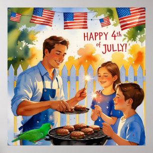 Cartoon Dad Grilling & Kids with Sparklers Poster