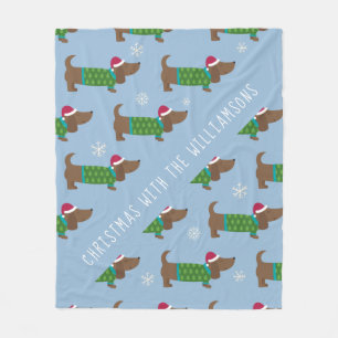 Cartoon Daschund Christmas Scene  Fleece Blanket