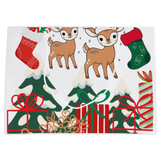 Cartoon Deer & Christmas Elements Large Gift Bag