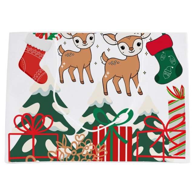 Cartoon Deer & Christmas Elements Large Gift Bag (Front)