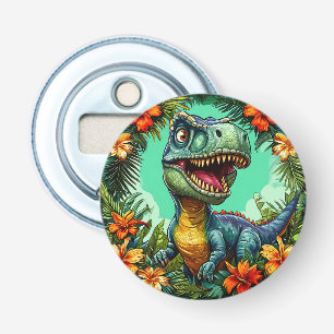 Cartoon Dinosaur and Vibrant Tropical Flowers Bottle Opener