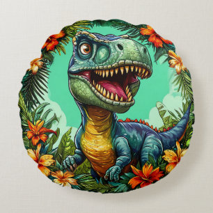 Cartoon Dinosaur and Vibrant Tropical Flowers Round Cushion