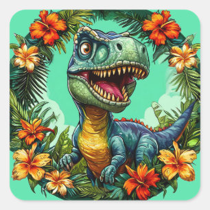 Cartoon Dinosaur and Vibrant Tropical Flowers Square Sticker