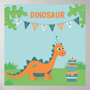 Cartoon dinosaur birthday cake blows candle poster