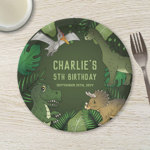 Cartoon Dinosaur Drawings With Plants Birthday Paper Plate