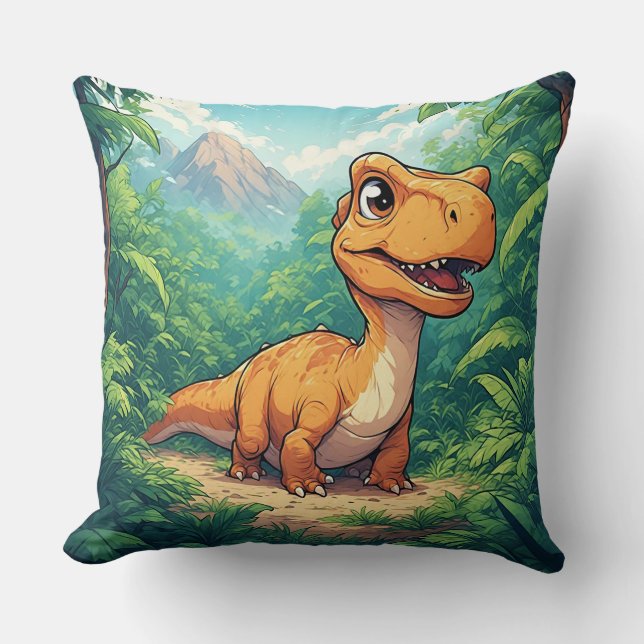 Cartoon Dinosaur Exploring a Tropical Jungle Cushion (Front)