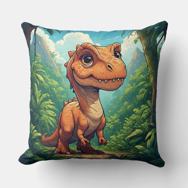 Cartoon Dinosaur Exploring a Tropical Jungle Cushion (Front)