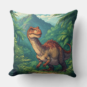 Cartoon Dinosaur Exploring a Tropical Jungle Cushion