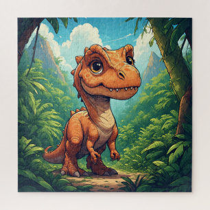 Cartoon Dinosaur Exploring a Tropical Jungle Jigsaw Puzzle