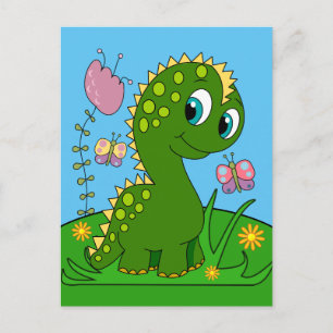 Cartoon Dinosaur, Flowers And Butterflies Postcard