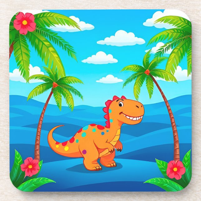 Cartoon Dinosaur in a Tropical Scene Coaster (Front)
