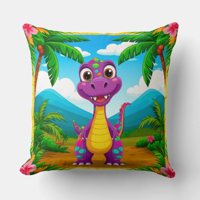 Cartoon Dinosaur in a Tropical Scene Cushion (Front)