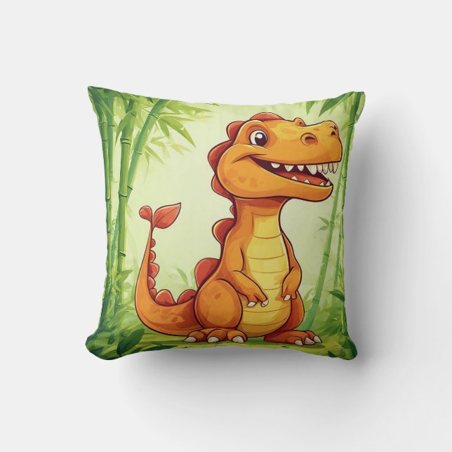 Cartoon Dinosaur in Bamboo Forest Cushion (Front)