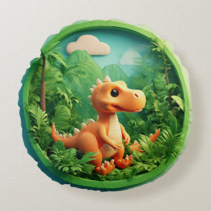 Cartoon Dinosaur in Bamboo Forest Round Cushion