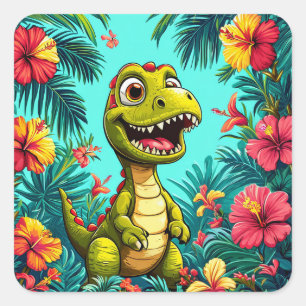 Cartoon Dinosaur Jungle 🌴 Happy Dino Tropical 🦖 Square Sticker