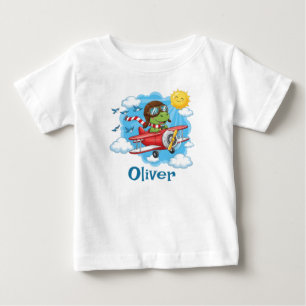Cartoon Dinosaur Pilot Flying Red Aeroplane Baby T-Shirt