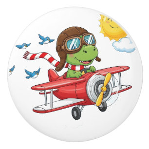 Cartoon Dinosaur Pilot Flying Red Aeroplane Ceramic Knob