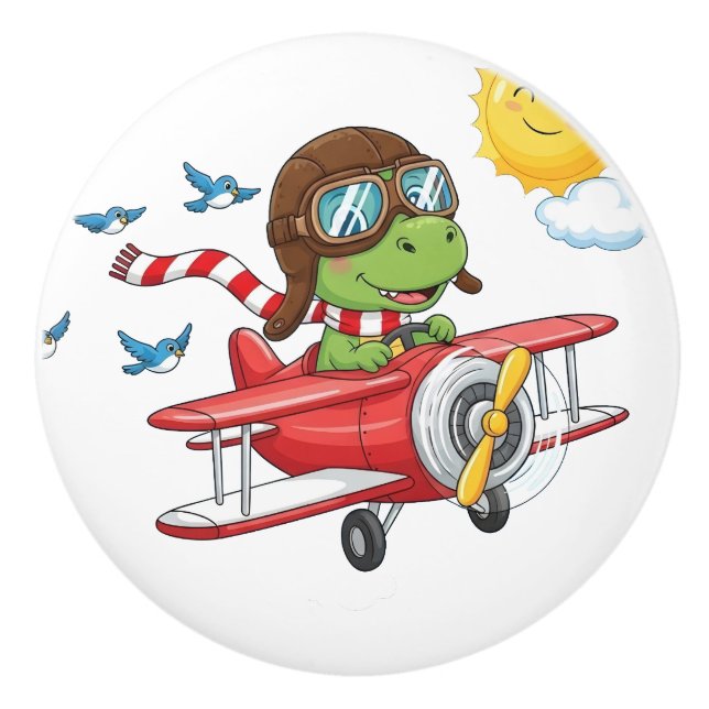 Cartoon Dinosaur Pilot Flying Red Aeroplane Ceramic Knob (Front)